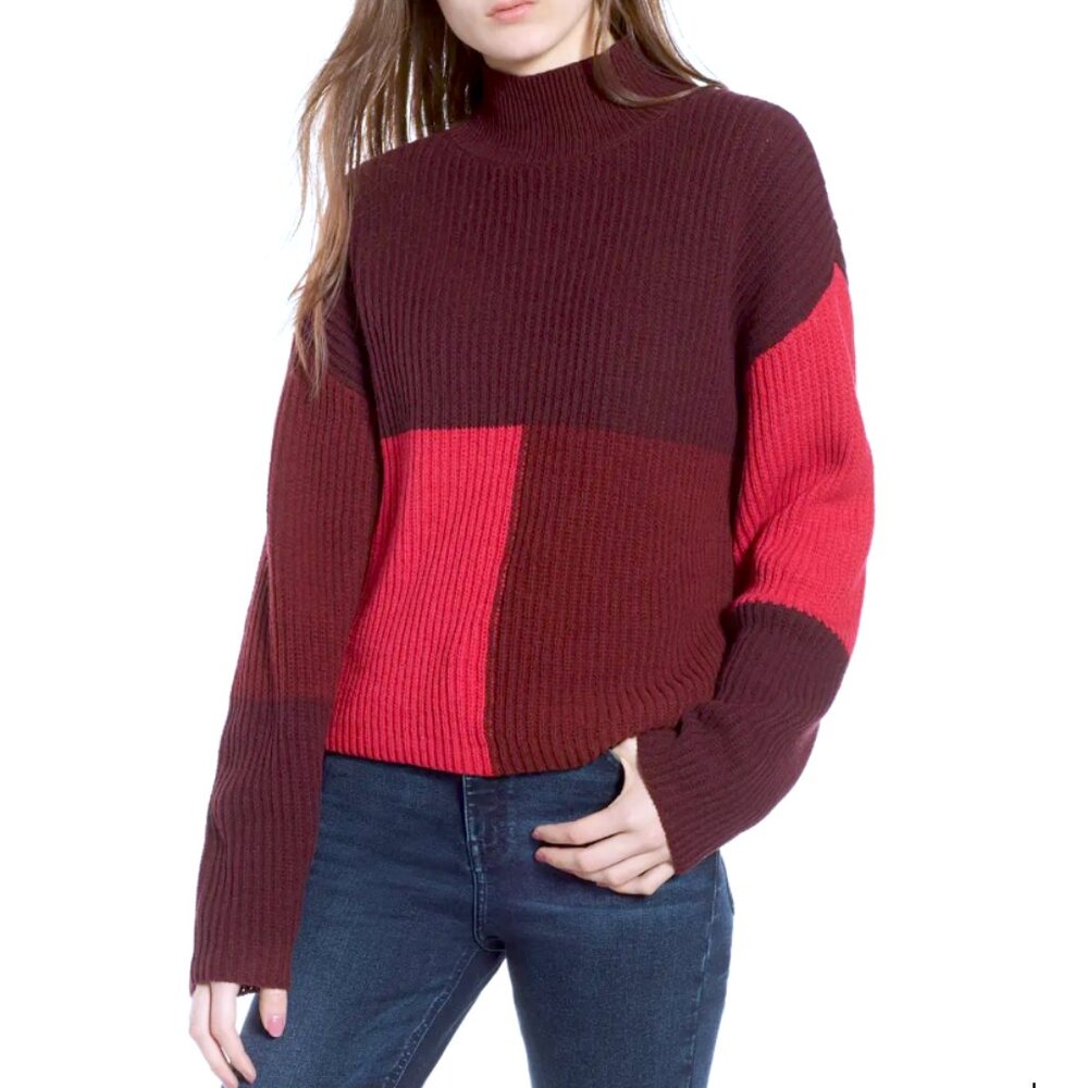 Nordstrom BP Burgundy Color-Block Mock Neck Sweater